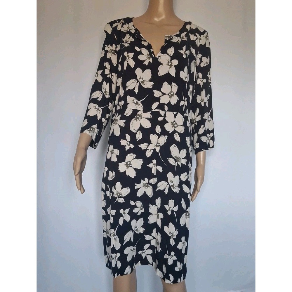 J. Jill Size Medium Womens Cream Floral Dress Pockets 3/4 Sleeves V-Neck Shift
